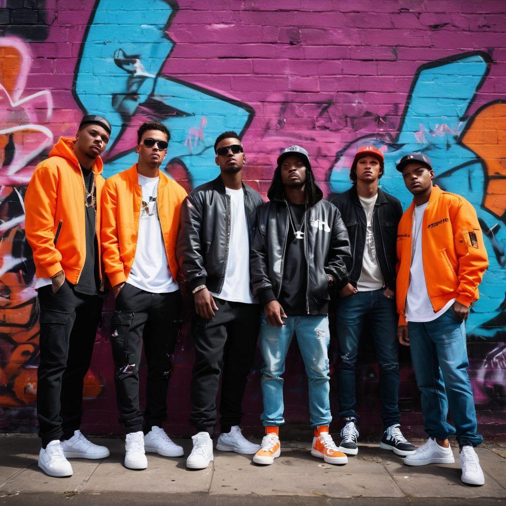 A vibrant urban scene depicting a diverse group of individuals dressed in stylish streetwear, confidently posing in front of graffiti art that illustrates famous antiheroes. Streets are alive with neon lights reflecting a gritty yet hopeful atmosphere, while subtle elements like music notes and spray paint cans symbolize the essence of thug life. Blend modern and retro elements to emphasize the cultural evolution. super-realistic. vibrant colors. dynamic composition.