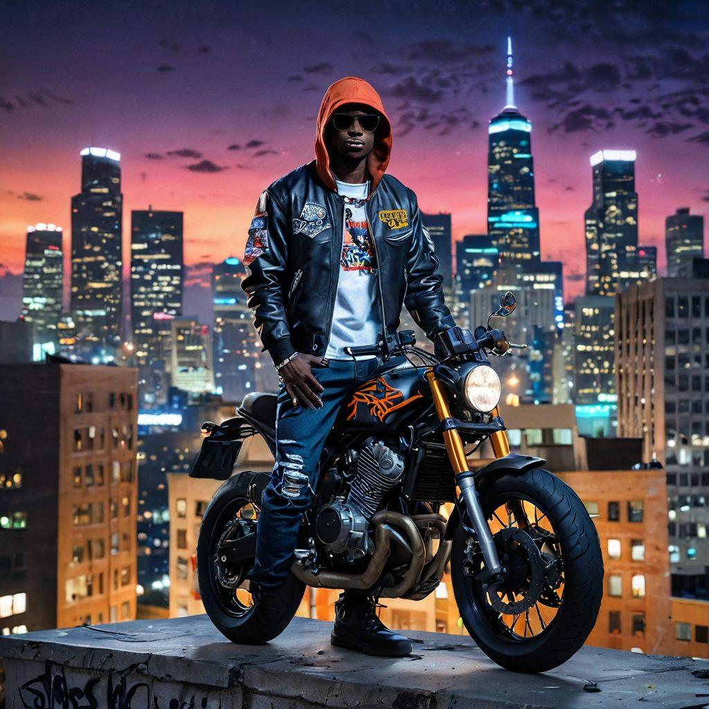 A gritty, urban scene depicting a bold individual dressed in stylish streetwear, standing confidently atop a graffiti-covered city rooftop. The backdrop features towering skyscrapers under a twilight sky, with hints of street art and neon lights illuminating the environment. A motorcycle can be seen parked nearby, symbolizing adventure and freedom. The atmosphere is electrifying, encapsulating the essence of the urban outlaw spirit. super-realistic. vibrant colors. night scene.
